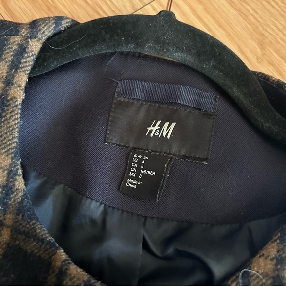 H&M Dark Brown Navy Plaid Wool Blend Coat Women’s 8 - Picture 2 of 10